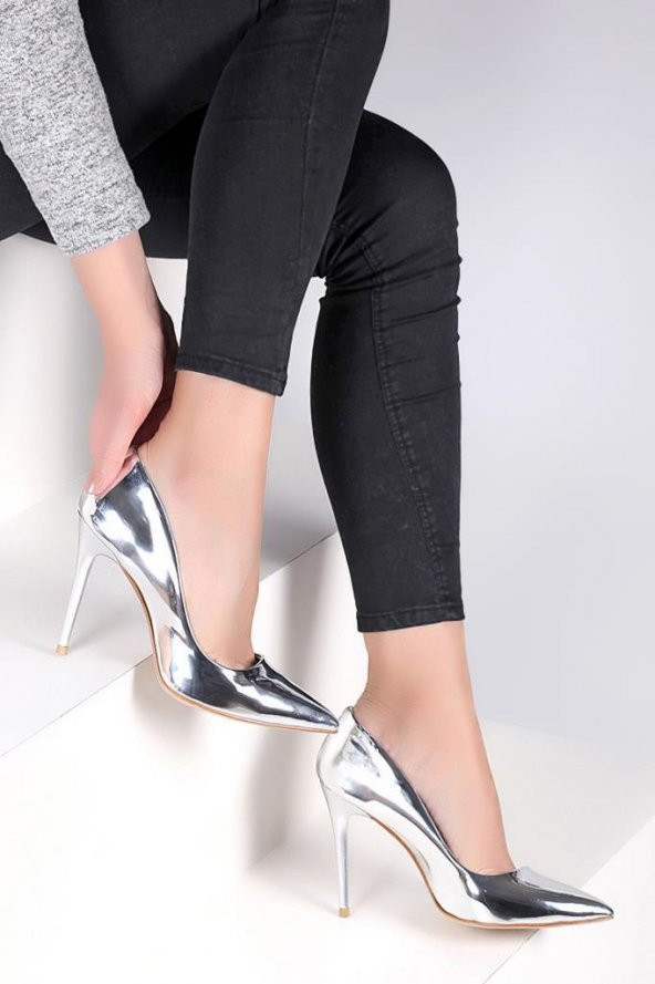 Pembe Potin Parlak İnce Topuklu Kadın Stiletto A1760-17 - 5