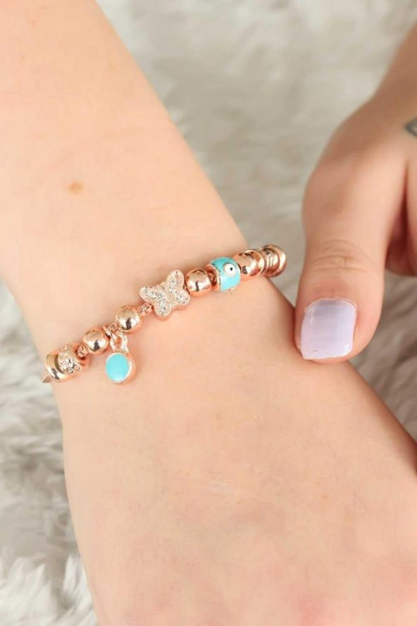 Rose Renkli Kelebek ve Nazar Boncuklu Kadın Bileklik - 3