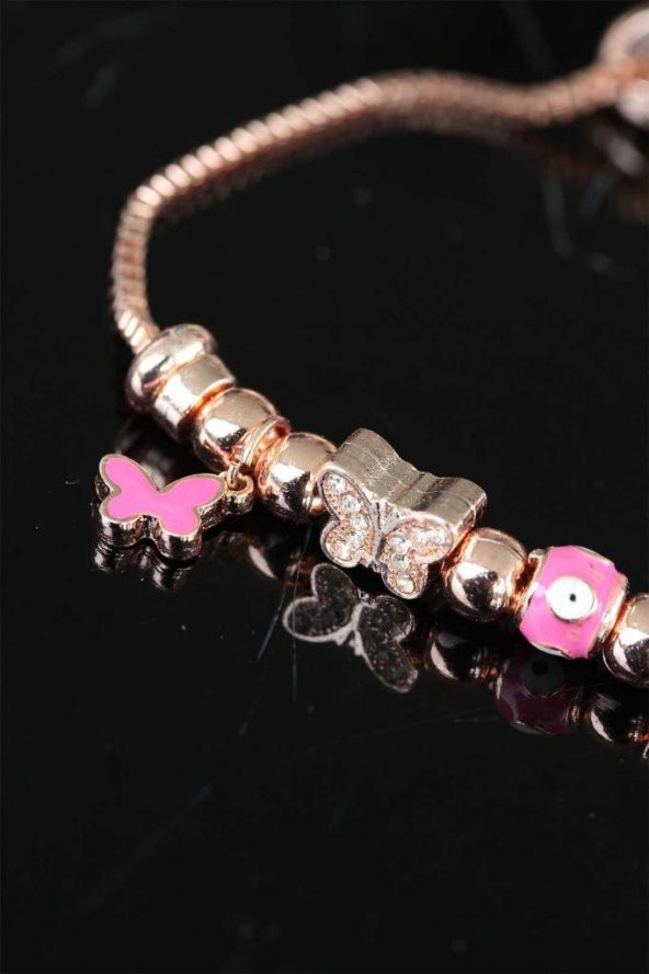 Rose Renk Kelebek ve Nazar Boncuklu Kadın Bileklik - 4