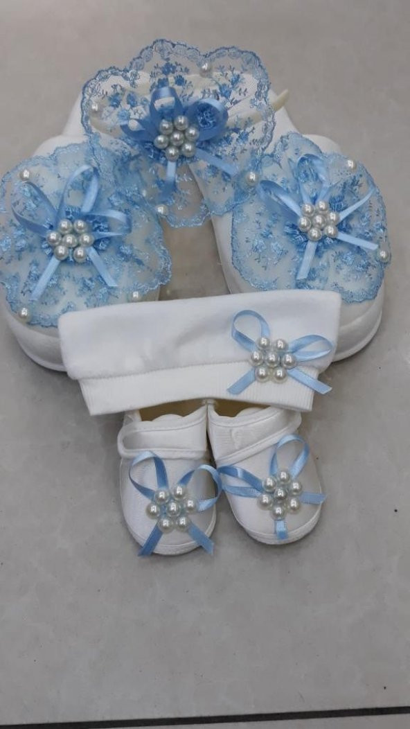 Lohusa Terlik Taç Anne Bebek Takımı Fiyonk İncili Taç Mavi - 2