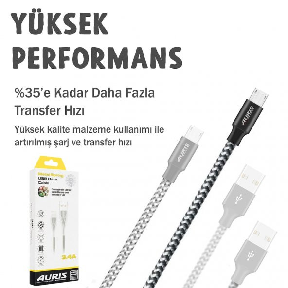 Auris Samsung Android Micro USB Data Destekli Hızlı Şarj Kablosu - 3
