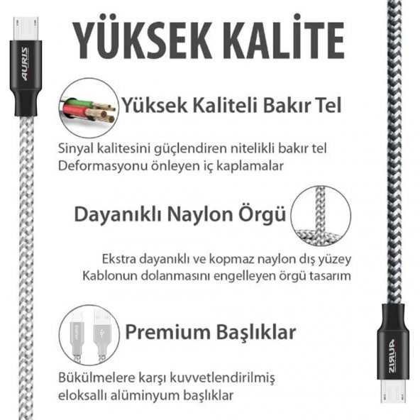 Auris Samsung Android Micro USB Data Destekli Hızlı Şarj Kablosu - 4