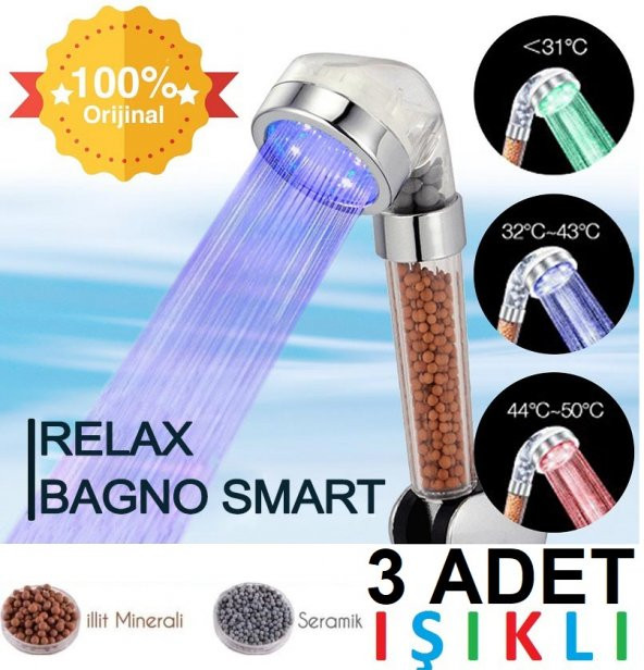 Relax Bagno Led Işıklı %50 Su Tasarruflu Duş Başlığı - Kokulu ve Arıtmalı Duş Başlığı - 3 Adet