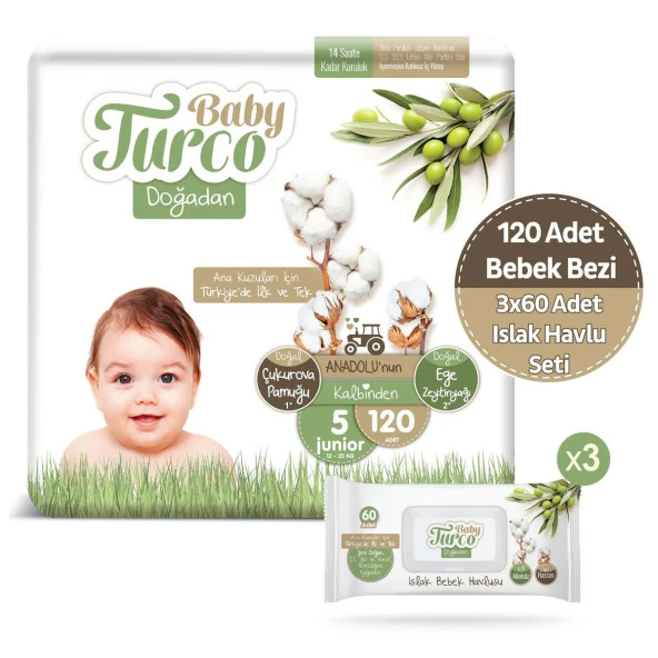 Baby Turco Doğadan 5 Numara Junıor 120 Adet + 3x60 Doğadan Islak Havlu Seti
