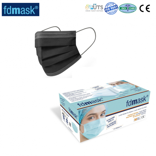 Fdmask Meltblownlu Maske 3 Katlı Telli Ultrasonik 50 Adet Siyah MAske