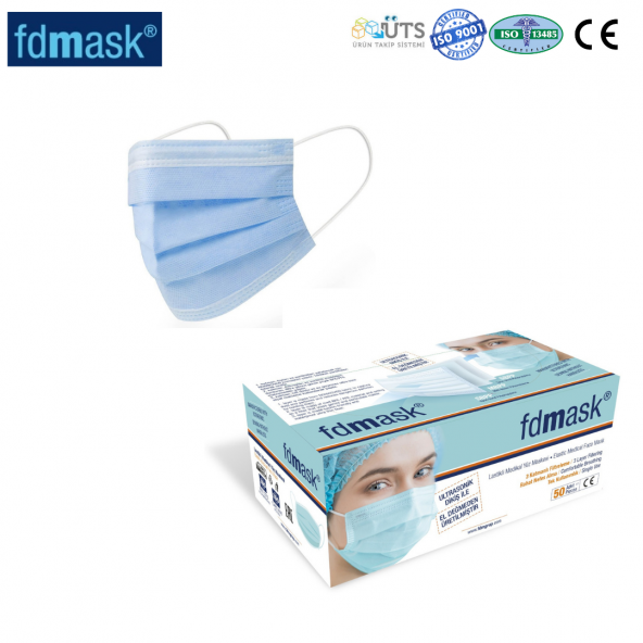 Fdmask Meltblownlu Maske 3 Katlı Telli Ultrasonik 50 Adet Mavi Maske