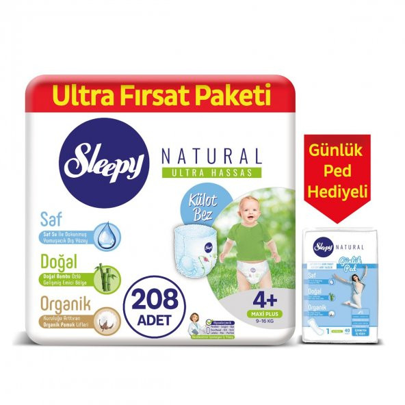 Sleepy Natural Külot Bez 4+ Numara Maxi Plus 208 Adet + Natural Günlük Ped Normal  40 Adet