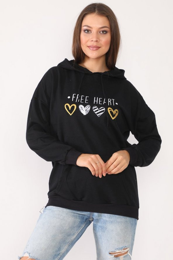 Kadın Kalp Baskılı Siyah Sweatshirt