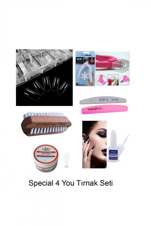 PROTEZ TIRNAK SETİ 7 PARÇA, 100LÜ BEYAZ  TIRNAK +FIRCA+YAPIŞTIRICI+MAKAS+TÖRPÜ +3İN1 GEL (CLEAR) - 1
