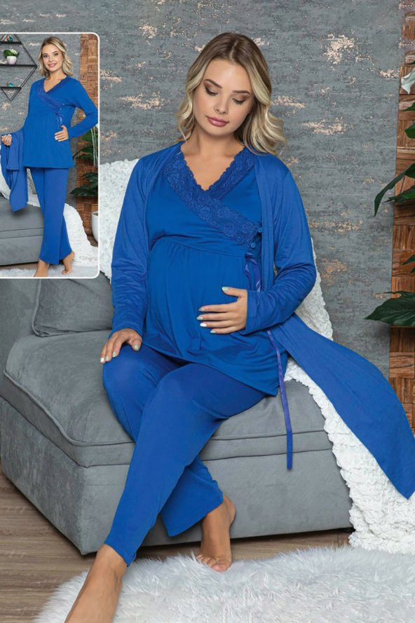 Sabahlıklı Lohusa Pijama Takımı - 42350 3lü Sabahlıklı Hamile Pijaması