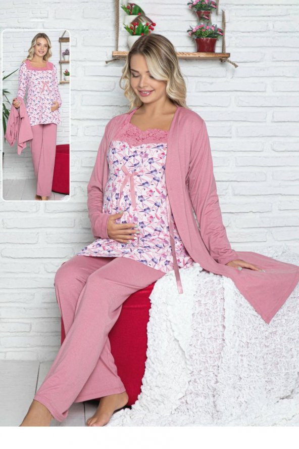 Sabahlıklı Lohusa Pijama Takımı - 42502 3l&uuml Sabahlıklı Bayan Hamile Pijaması