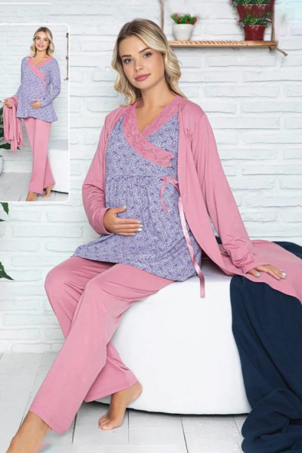 Sabahlıklı Lohusa Pijama Takımı - 42532 3lü Sabahlıklı Bayan Hamile Pijaması