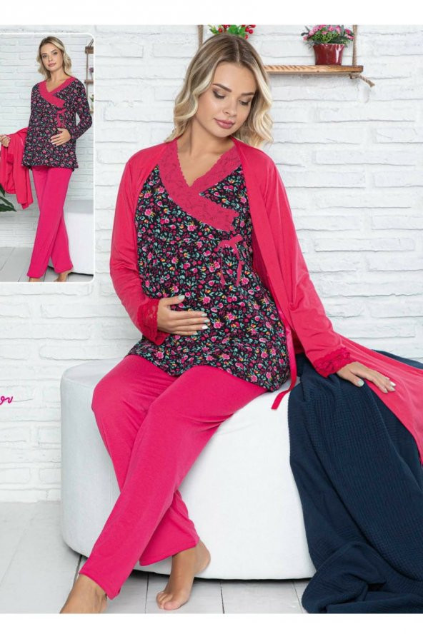 Sabahlıklı Lohusa Pijama Takımı - 42543 3l&uuml Sabahlıklı Bayan Hamile Pijaması