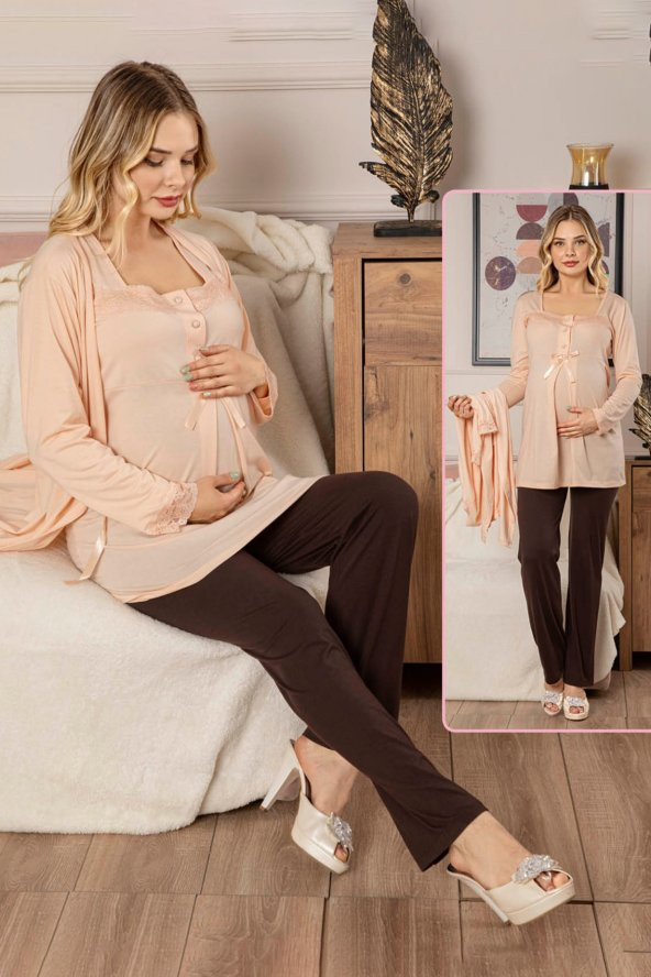 Sabahlıklı Lohusa Pijama Takımı - 38937 3lü Sabahlıklı Bayan Hamile Pijaması