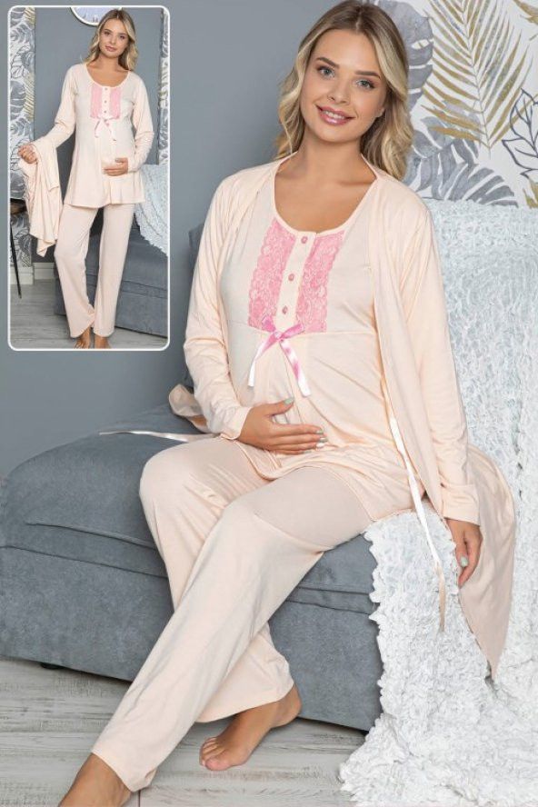 Sabahlıklı Lohusa Pijama Takımı - 42294 3lü Sabahlıklı Bayan Hamile Pijaması