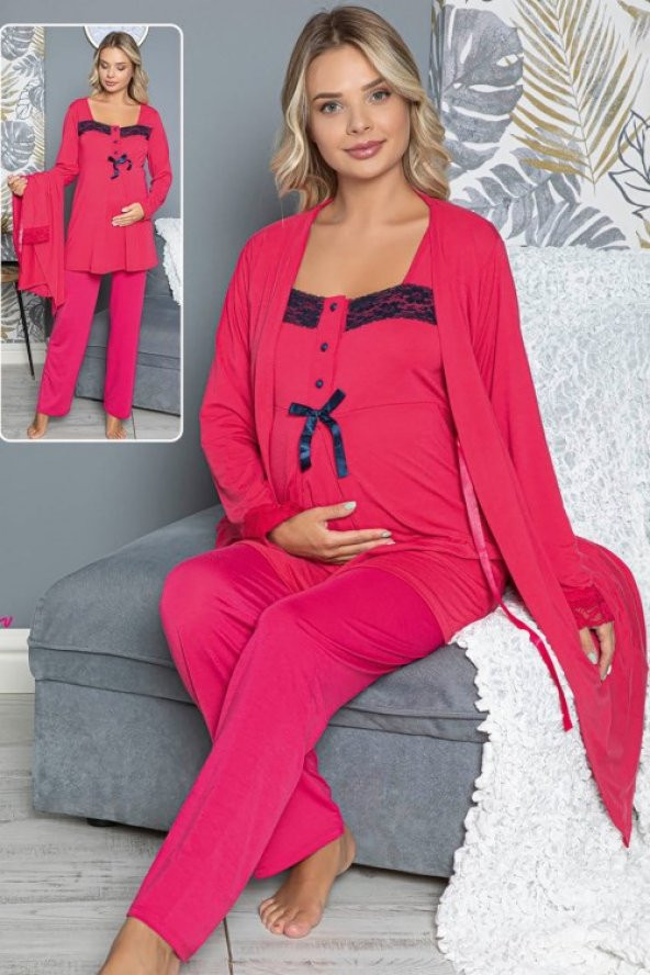 Sabahlıklı Lohusa Pijama Takımı - 42288 3lü Sabahlıklı Bayan Hamile Pijaması