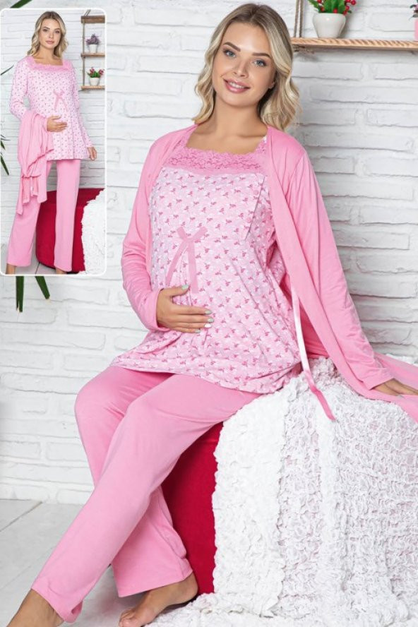 Sabahlıklı Lohusa Pijama Takımı - 42520 3l&uuml Sabahlıklı Bayan Hamile Pijaması
