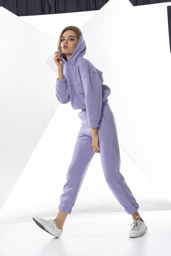 Lila Kadın Lastikli Crop Sweatshirt Takım - 3
