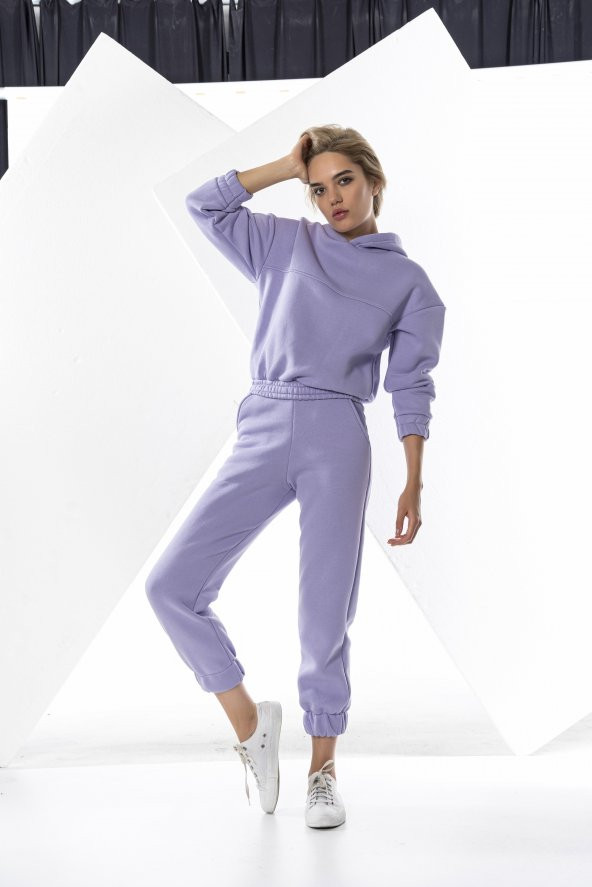 Lila Kadın Lastikli Crop Sweatshirt Takım - 4
