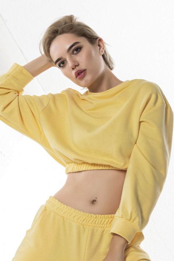 Sarı Kadın Crop Sweatshirt