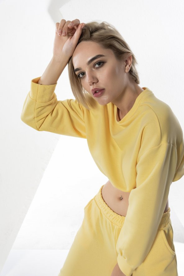 Sarı Kadın Crop Sweatshirt - 3