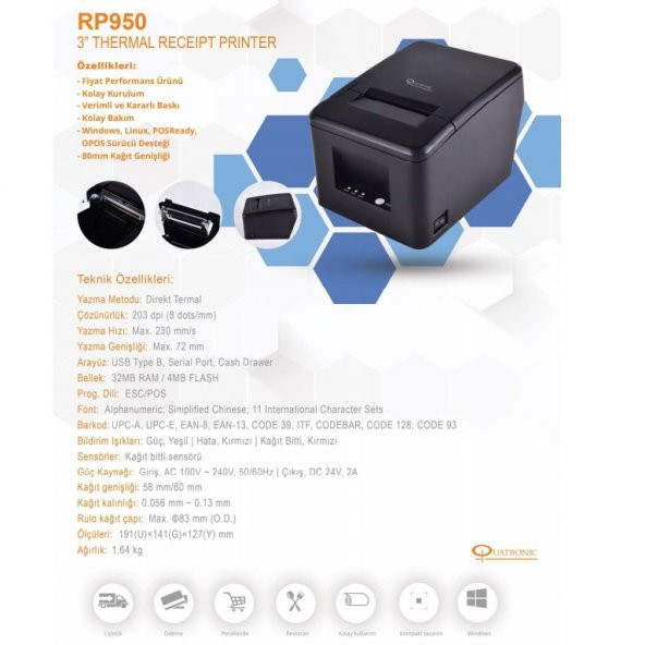 QUATRONIC 203dpi RP950 Termal 230mm/s Rulolu USB,Seri Fiş,Pos Yazıcı 100km Baskı Kafası Ömrü - 1
