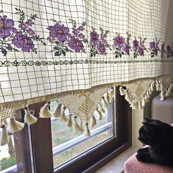 Kanaviçe İşlemeli  Dört Farklı Renk 150cm X 180cm Pamuk Perde - 6