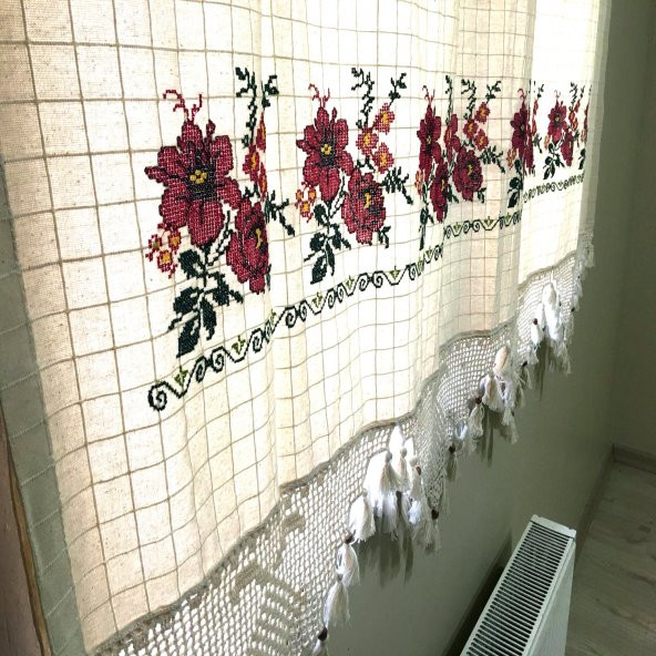 Kanaviçe İşlemeli Dört Farklı Renk 200cm X 180cm Pamuk Perde - 2
