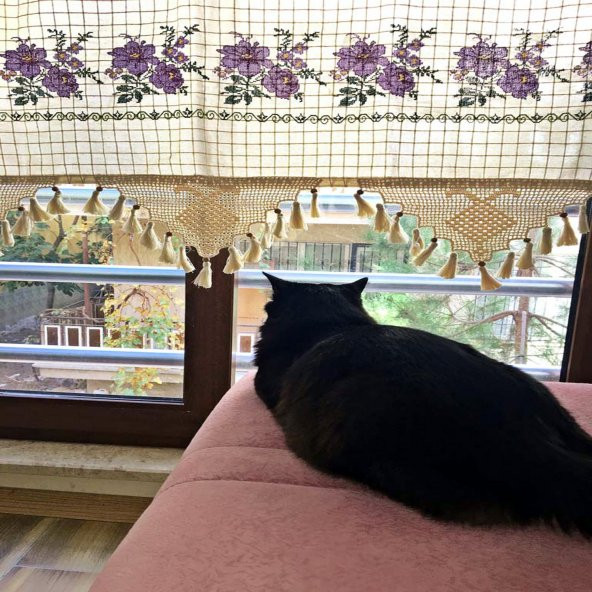 Kanaviçe İşlemeli Dört Farklı Renk 200cm X 180cm Pamuk Perde - 4