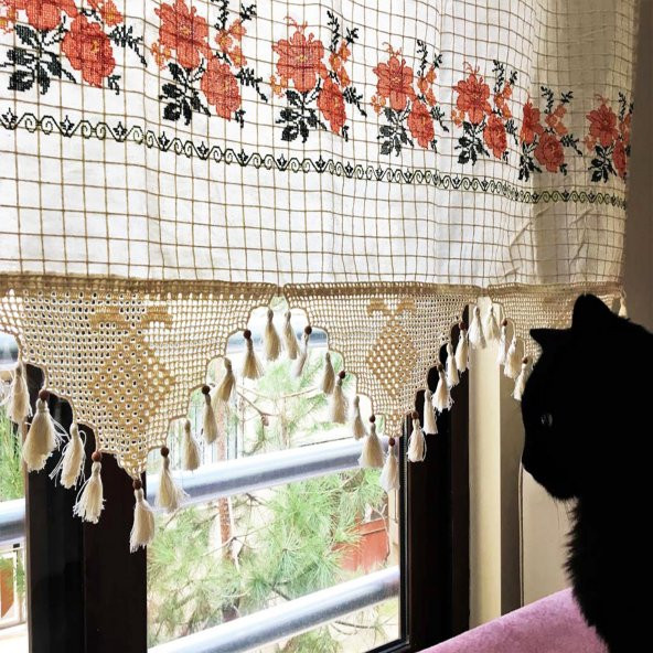 Kanaviçe İşlemeli Dört Farklı Renk 200cm X 180cm Pamuk Perde - 5