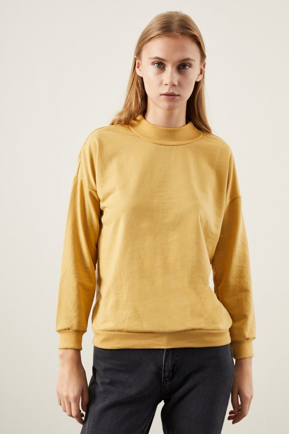Kadın Hardal Dik Yaka İki İplik Sweatshirt