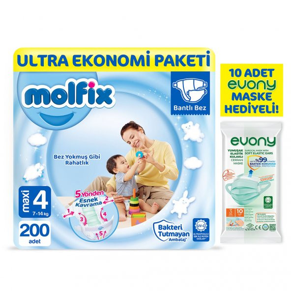 Molfix Bebek Bezi 4 Beden Maxi Ultra Ekonomi Paketi 200 Adet Evony Maske 10 Adet Hediye