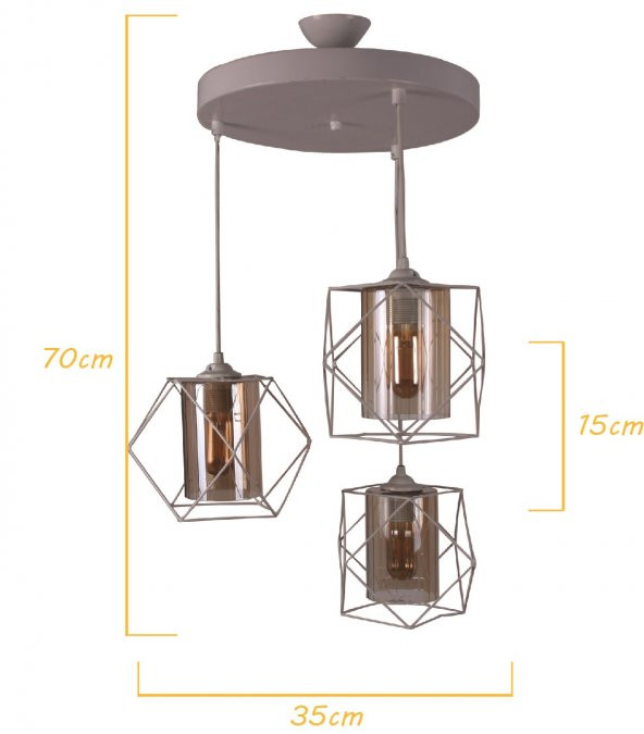 Aviza Avize Simetri Beyaz 3lü  Camlı Sarkıt Avize - 5