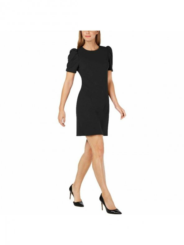 Siyah Puf Kol Mücevher Boyun Shift Elbise - 3