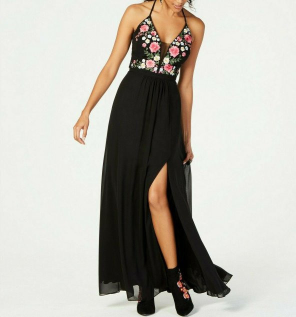 İşlemeli Korse-Sırt Tipi Askılı Maxi Siyah Abiye Elbise