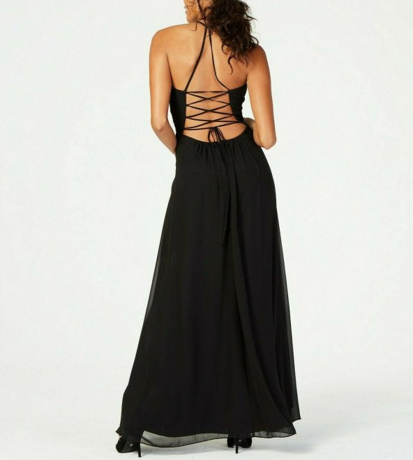 İşlemeli Korse-Sırt Tipi Askılı Maxi Siyah Abiye Elbise - 2