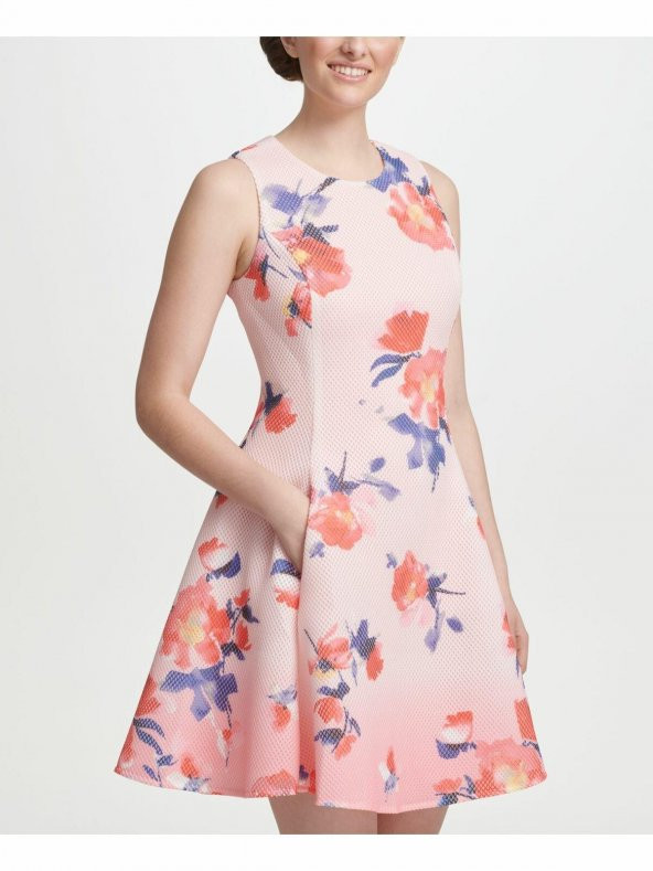 Pembe Mesh Çiçekli Fermuarlı Fit + Flare Elbise - 2
