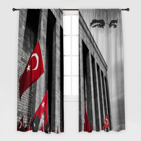 Baskılı Fon Perde Anıtkabir Kırmızı Bayraklı Atatürk Desenli