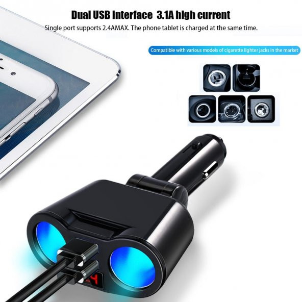 3.1A Usb Girişli Çakmak Girişinden 2 Çakmak Çıkışlı Çoklayıcı Soketi - 6