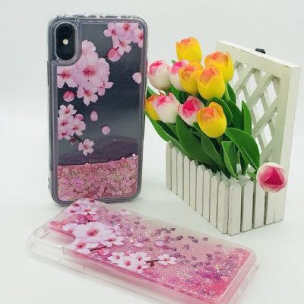 Iphone X Çiçek Desenli Kılıf Simli Marshmelo Silikon Kılıf