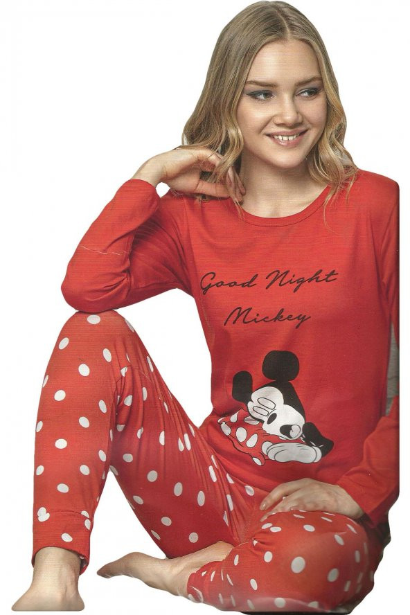 Sude Mickey Baskılı Modal Uzun Kollu Kadın Pijama Takımı