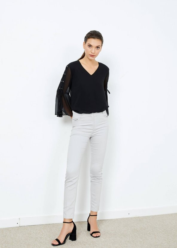 Kadın Gri Slim Fit Likralı Pantalon - 2