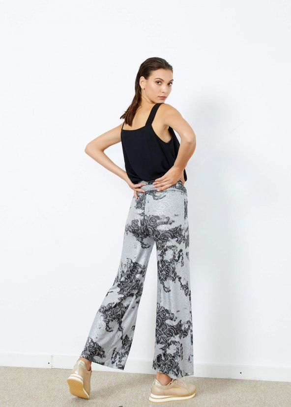 Kadın Gri Desenli İspanyol Paça Pantolon - 2