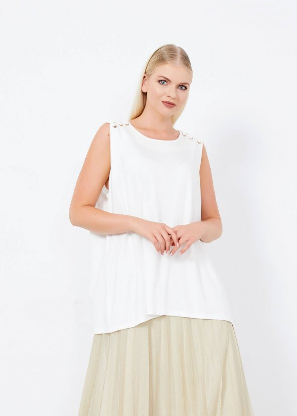 Kadın Beyaz Omuz Detaylı Kolsuz Basic Bluz