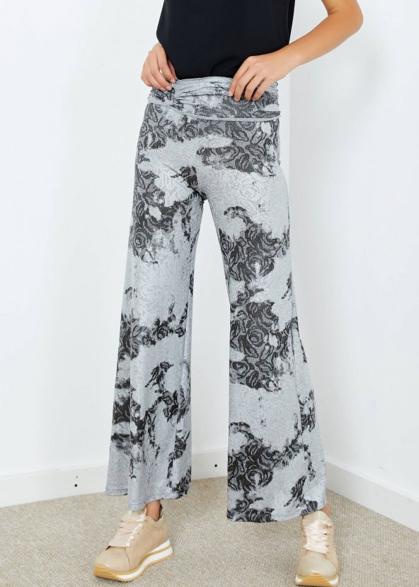 Kadın Gri Desenli İspanyol Paça Pantolon - 3