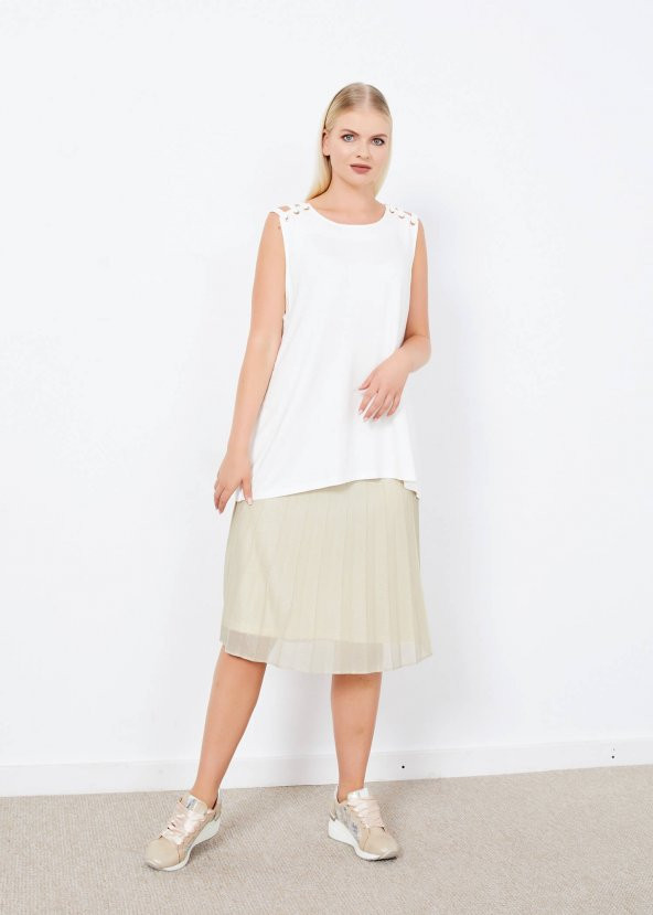 Kadın Beyaz Omuz Detaylı Kolsuz Basic Bluz - 2