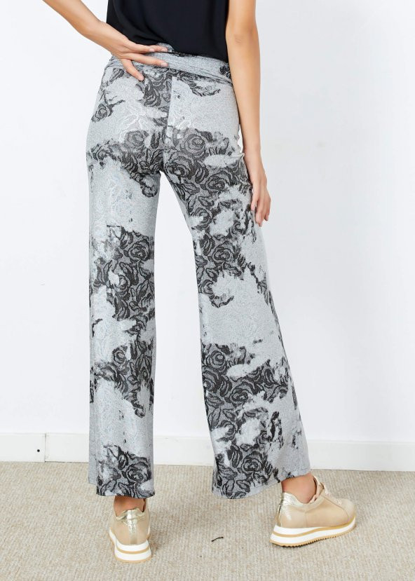 Kadın Gri Desenli İspanyol Paça Pantolon - 5