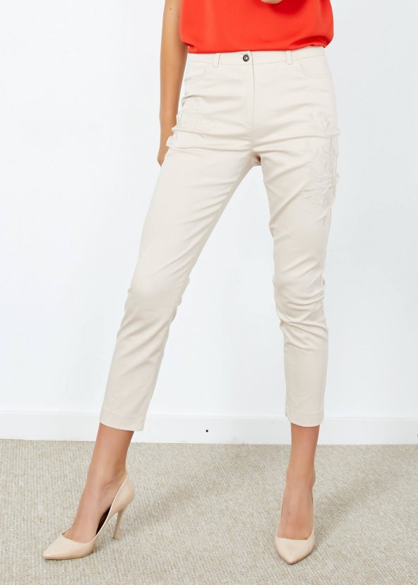 Kadın Bej Desenli Cepli Pantalon - 8