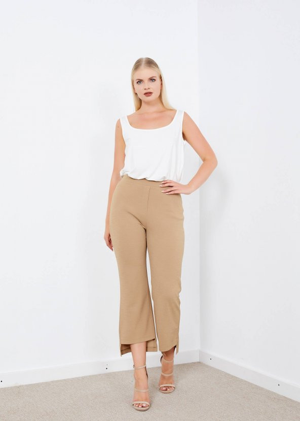 Kadın Bej Bel Lastikli Paça Detaylı Pantalon - 2