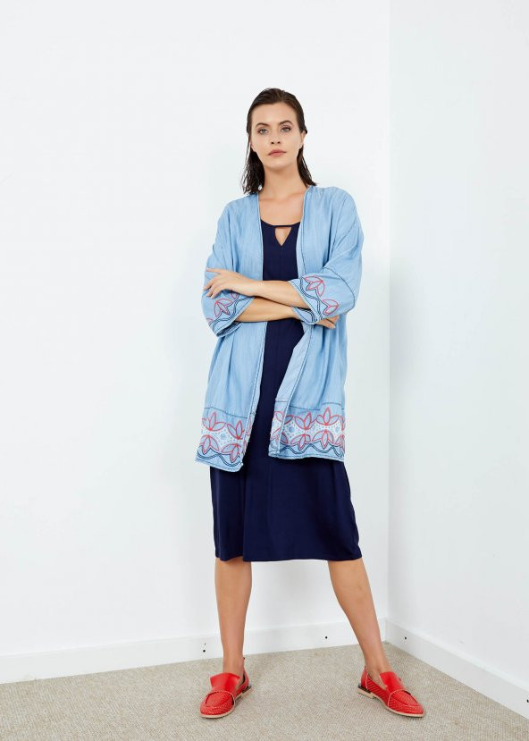 Kadın İndigo Nakışlı Kimono - 2